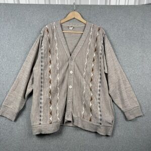 Haband Cardigan Sweater Mens XL Tan Vintage 90s Geometric Knit USA Grandpacore